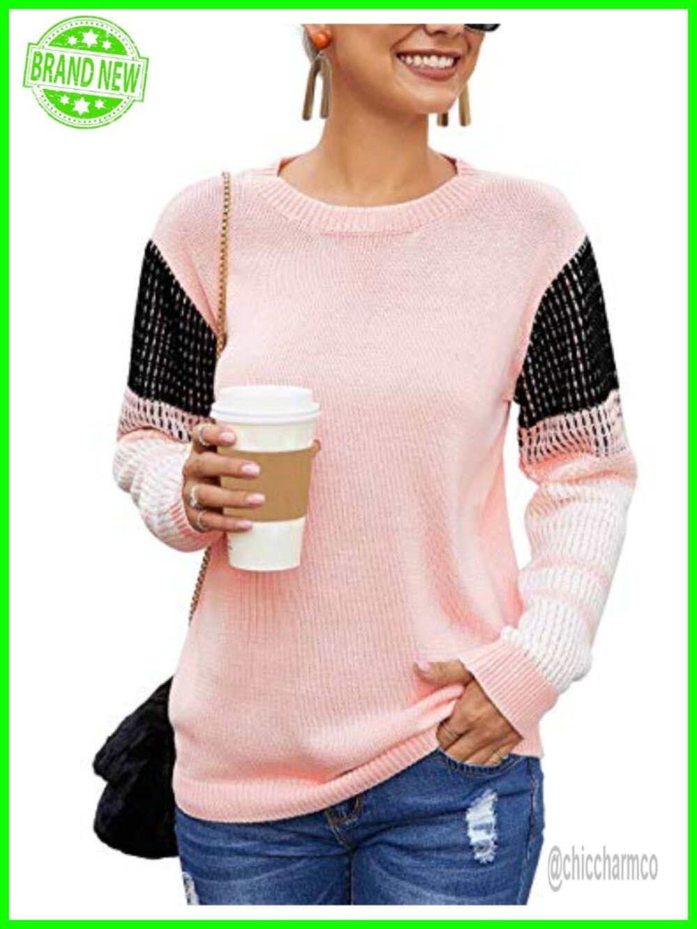 Women's Contrast Sleeve Knitted Pullover Sweater Crewneck Cable Knit